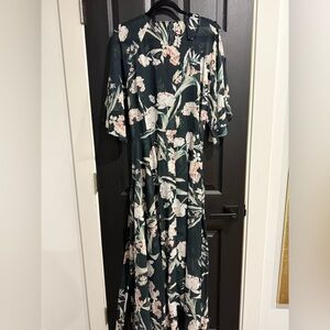 Sheer City Chic Dark Green Floral Long Sleeve Dress